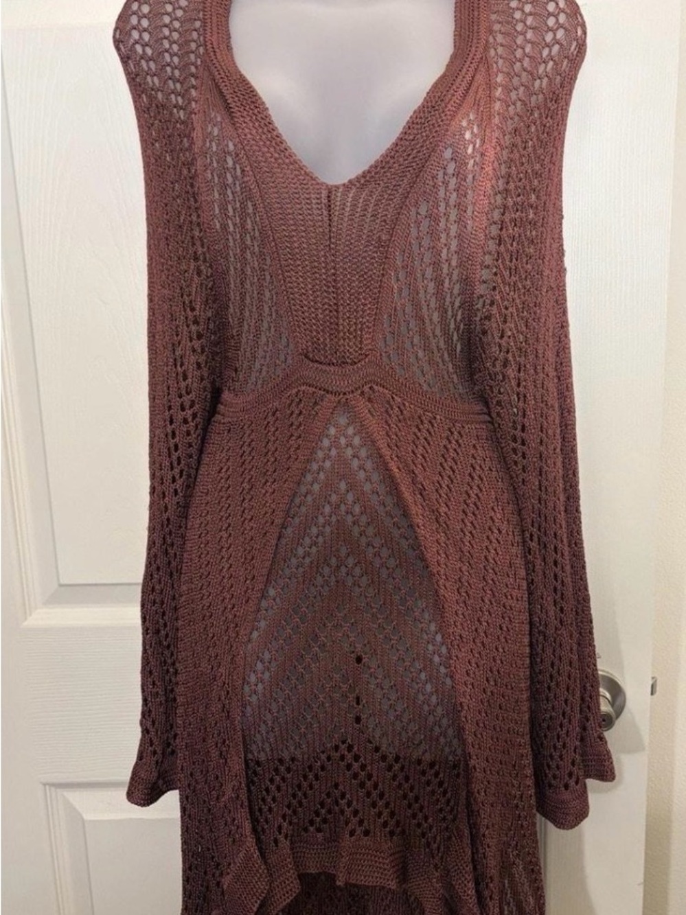 FREE PEOPLE Knit Crochet V-Neck Long Sleeve Dress in Dusty Rose